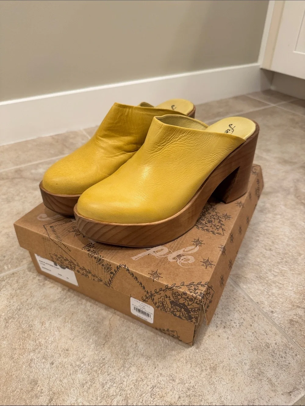 Free People Yellow Leather Platform Mule Clog